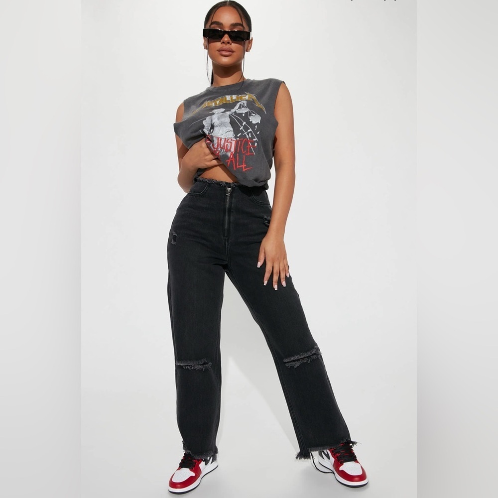Fashion Nova Cut Me Off Exposed Zipper Raw Waist Wide Leg Rocker Jeans size 5
